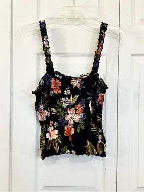 Patrons of Peace Black Floral Smocked Tank Top